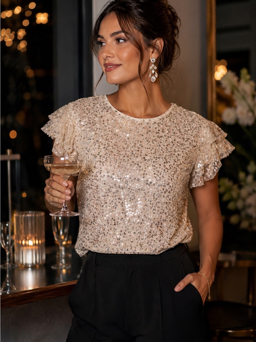 Anthropologie Sequin Flutter Sleeve Top –XS Ivory Silver Blouse